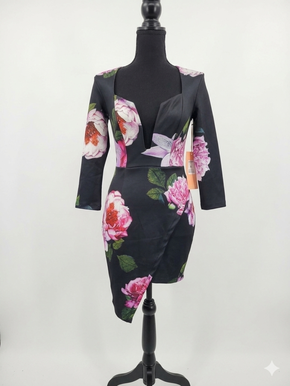 Black Floral V-Neck Mini Dress with Pink Blooms